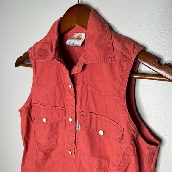 Carhartt Shirt Womens Red Poplin Snap Front Sleeveless Collared Blouse sz small - Picture 2 of 8